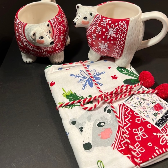 Polar bear mugs & matching dish towel-ready for gift with pompom string tie-NWT - Picture 1 of 11
